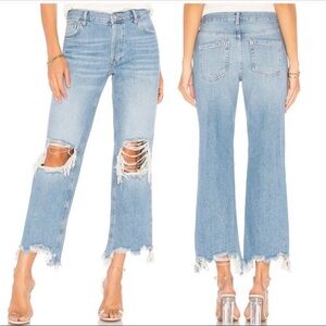 Free People We The Free Maggie Jeans Sz 30 straight leg distressed knee raw hem